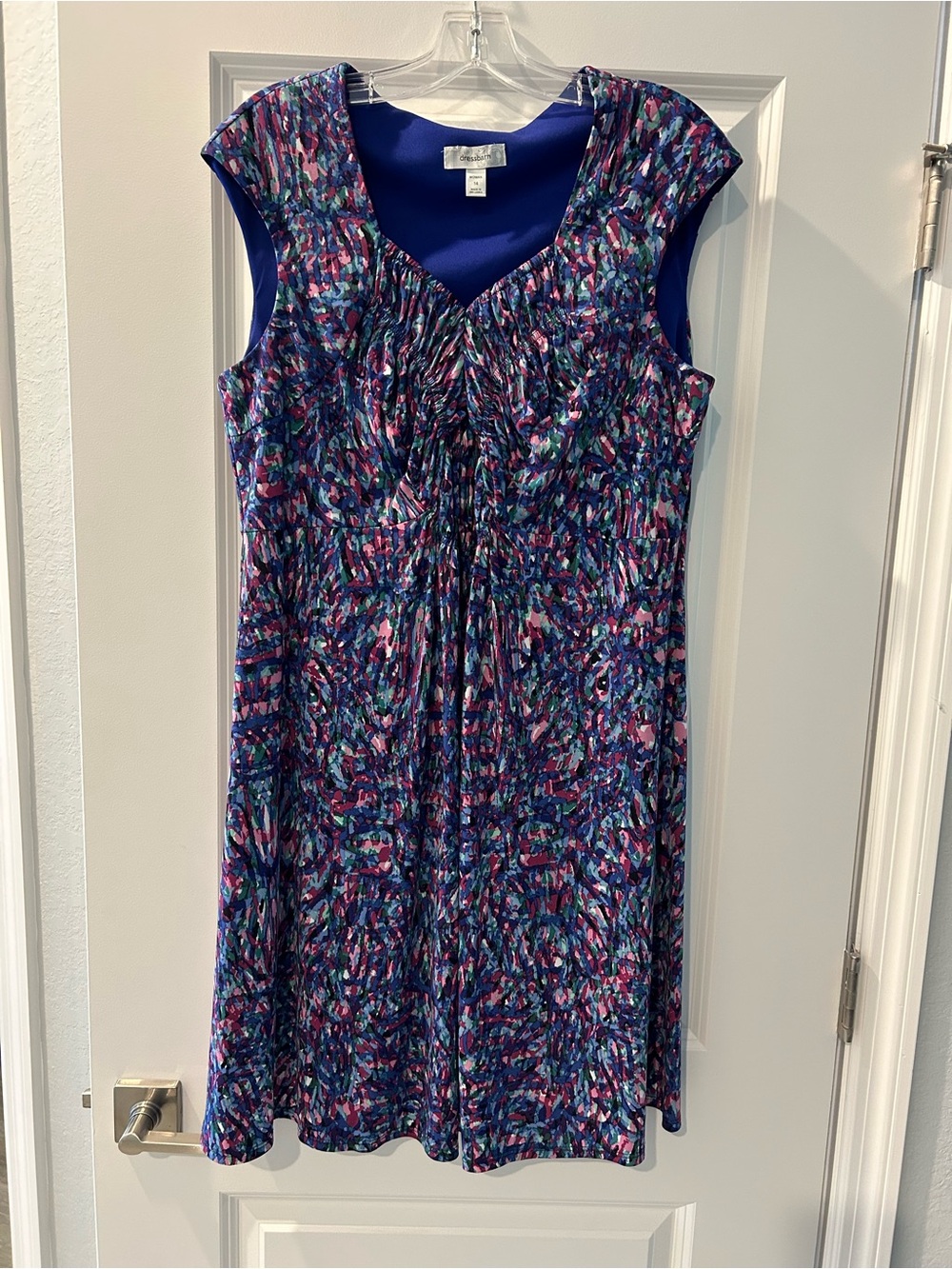 dressbarn Blue and Purple Abstract Print Cap-Sleeve Dress